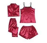 2026 - Solid Ice Silk Pyjamas Women's Home Suit Print Fashion Slim Pyjamas Four Piece Set for All Seasons Sexy Lingerie, Wine Red, S