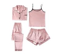 2026 - Solid Ice Silk Pyjamas Women's Home Suit Print Fashion Slim Pyjamas Four Piece Set for All Seasons Sexy Lingerie, pink, XXL