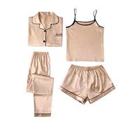 2026 - Solid Ice Silk Pyjamas Women's Home Suit Print Fashion Slim Pyjamas Four Piece Set for All Seasons Sexy Lingerie, khaki, M
