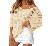 2026 Spring Summer Women's Crochet Hollow Out Sweater 3/4 Sleeve Cold Shoulder Knit Top Loose Casual Blouse for Daily Beach (Apricot,m)