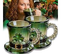 2026 St. Patrick’s Day Leprechaun Hat Glass Mug, Green Gradient Leprechaun Hat Glass Beer Mug with Shamrock & Celtic Knot Handle, Irish Festival Drinkware Gift for Holiday Table Decorations (2)