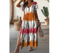 2026 Summer Boho Tie-Dye Maxi Dress Women's V-Neck Short Sleeve Split Loose Casual Vacation Dress