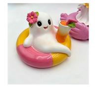 2026 Summer Halloween Ghost Figurine, Cute Halloween Ghost Pool Party Statues, Kawaii Pool Ghosts Resin Ornaments Tropical Beach Resin Statues with Flamingo Float for Home Office (C)