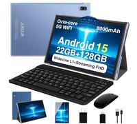 2026 Tablet, 10 Inch Android 15 Tablets 22GB+128GB+1TB Expand, 2-in-1 Octa-Core Electronic Tablet with Keyboard Mouse Case, 8000mAh Battery, 1280x800 HD IPS Display, GPS,Widevine L1, Metal Body -Blue