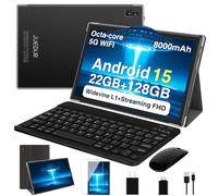 2026 Tablet, 10 Inch Android 15 Tablets 22GB+128GB+1TB Expand, 2-in-1 Octa-Core Electronic Tablet with Keyboard Mouse Case, 8000mAh Battery, 1280x800 HD IPS Display, GPS,Widevine L1, Metal Body -Black