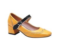 2026 Teen Girls Women's Mid Heel Square Toe Mary Jane Heels Kitten Leather Wide Fit Commute Date Night Women Low Block Strap Closed (37) Yellow