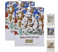 2026 Ugly Medieval Cats Calendar, Creativity Medieval Theme Art Illustrated Calendar, Weird Horror Cats Calendars Weirdcore Art Decor, Funny Historical Gifts for Art Lovers (2pcs)