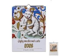 2026 Ugly Medieval Cats Calendar, Horror Cats Calendar Weirdcore Art Decor, Quirky Medieval Cat Wall Calendars for Cat Lovers, Gift for Art Enthusiasts (1pcs)