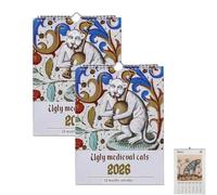 2026 Ugly Medieval Cats Wall Calendar - Medieval Art Theme Vintage Style Cat Illustrated Wall Calendar, Unique Gothic Art Illustrations, Perfect Christmas Gag Gift for History Lovers (2 PCS)