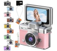 2026 Update Mini Digital Camera with 1.47 in LCD Screen 1080P，Vintage camera with Flip Screen, Keychain Digital Cameras with 32/64/128 GB Card, Built-in Flash, Strap and Keychain (32GB,Pink)