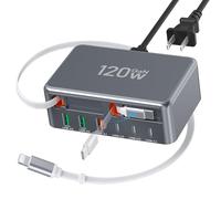 2026 Updated USB-C Fast Charging Station, 120W GaN 8-Port Retractable Charger Adapter, Includes 2.3ft Lightning+Type-C Dual Cable, Wall Charger Block Plug Cube for iPhone 17/16/15,iPad,Pixel, Galaxy