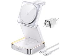 【2026 Upgraded】Magnetic Wireless Charger 3 in 1, Travel Foldable Wireless Charging Station with Night Light for Apple MagSafe Charger, Nightstand Fast 15W Charging Station (20W Adapter)