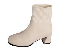 2026 Versatile Short Boots Pointed Toe Thick Heels High Knitted Elastic Socks Flying Direction Booties (White, 6.5)