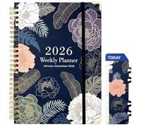 2026 Weekly Planner A5 Diary, Floral Hardcover Spiral Bound, Week to View with Monthly Tabs, Inner Pocket, Elastic Closure, Bookmark, Reinforced Metal Corners, January to December 2026, Indigo