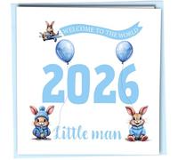 2026 Welcome To The World Little Man Greeting Card | Congratulations Newborn Boy Card Cute Bunny Rabbit | Blue Bunny Design | Blank Inside, 350gsm #1820