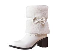 2026 Winter Fashion Ankle Boots Slip On Faux Collar Bow Knot Comfortable Casual Dress Shoes (White, 6.5)