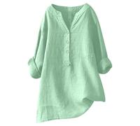 2026 Women Loose Solid Linen Shirt Long Sleeve Button Up Mandarin Collar Top (Light Green, S)
