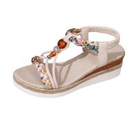 2026 Women Slippers Bohemian Sandals for Wide Width Casual Platform Orthopedic Comfortable Walking Open Toe Beaded Slip On Ankle Strap Dressy 2025 Summer Beach Shoes (Beige, 3)