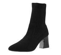2026 Women Winter Boots Versatile Short Pointed Toe Thick Heels High Knitted Elastic Socks Flying Weaving Female (Black, 6)