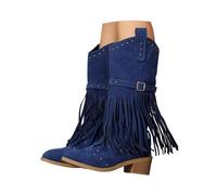 2026 Womens Ankle Boots Mid Calf Fringe for Women Cowboy Pointed Toe Chunky Heels Western Tassel (Blue, 7)