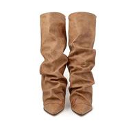 2026 Womens Ankle Boots Women's Knee High Fashion Pointed Toe Chunky Heel Stacked Slouchy Folded Cuff Over The for Women Stylish Comfortable Dressy Casual Winter Fall (Brown, 5.5)
