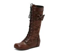 2026 Women's Boots with Round Toe Cap Coloured Accents Warm Lining Thick Straight Sole Lacing Low Heel Versatile for Everyday Travel Can be Combined with Jeans or, brown, 10 UK