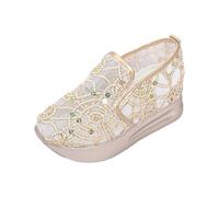 2026 Women's Breathable Lace Mesh Floral Embroidered Round Toe Platform Casual Shoes Comfortable Slip On for Daily Wear Gold