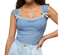 2026 Women's Checked Crop Top with Square Neck, Lace Trim, Gingham Tank Top, Spaghetti Strap Shirt, Going Out, Corset Tops, Women's Elegant Festive, blue, S