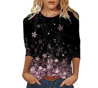 2026 Women's Daily Floral Sequin Print O-Neck Tops Three-Quarter Sleeve Crew Neck T-Shirt Printed Loose Side Slit Blouse Tunic, pink, M
