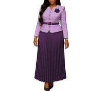 2026 Women's Elegant Formal 2 Piece Outfits Plaid Print Long Sleeve Blazer Top And Pleated Hem Maxi Skirt Business Set(Purple,M)