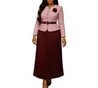 2026 Women's Elegant Formal 2 Piece Outfits Plaid Print Long Sleeve Blazer Top And Pleated Hem Maxi Skirt Business Set(Burgundy,3XL)