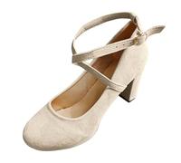 2026 Women's Flock Mary Jane Block Heel Pumps, Soft Suede-Look Finish, Rounded Closed Toe, Upper, for Weddings, Evening Parties and Dinner Dates, Colour Beige, Daily Comfort (3)