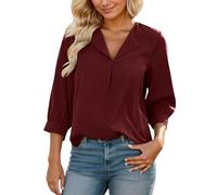 2026 Women's Flowing Blouse Soft Chiffon with Three-Quarter Sleeves Half Open Neck - A Comfortable Elegant Women's Shirt for Casual Elegant Occasions, red, S