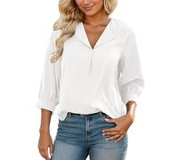 2026 Women's Flowing Blouse Soft Chiffon with Three-Quarter Sleeves Half Open Neck - A Comfortable Elegant Women's Shirt for Casual Elegant Occasions, White, S
