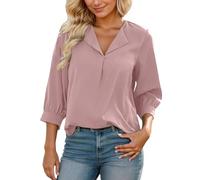 2026 Women's Flowing Blouse Soft Chiffon with Three-Quarter Sleeves Half Open Neck - A Comfortable Elegant Women's Shirt for Casual Elegant Occasions, pink, L