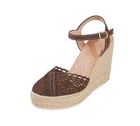 2026 Women's Lace Espadrille Wedge Sandals, Open square toe, Mesh upper, For summer parties, beach holidays and festivals, Colour Coffee, Size 4.5, Versatile Wardrobe Coordination