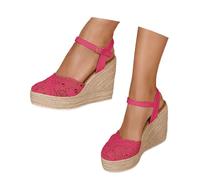 2026 Women's Lace Espadrille Wedge Sandals, Open square toe, Mesh upper, For summer parties, beach holidays and festivals, Colour Hot Pink, Size 5, Versatile Wardrobe Coordination