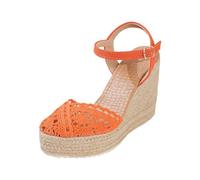 2026 Women's Lace Espadrille Wedge Sandals, Open square toe, Mesh upper, For summer parties, beach holidays and festivals, Colour Orange, Size 5.5, Versatile Wardrobe Coordination