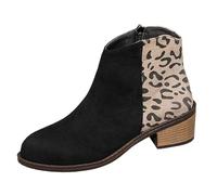 2026 Women's Leopard Winter Shoes Pointed Head Side Zipper Big Yards in Europe and The United States Female (Black, 7)