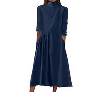 2026 Women's Long Sleeve Turtleneck Pullover Casual Dresses Winter Loose Pleated Plain Swing Midi Dress with Pockets Women, navy, XL