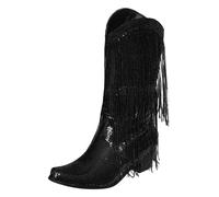 2026 Women's Mid Calf Boots Fashion Pattern Sequin Decoration Tassel Boots Lace Thick Heels Slip On Shoes, black, 8 UK