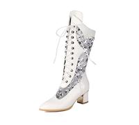 2026 Women's Mid Length Boots for Spring and Summer 2025 Sequined Cool European America Style Large Size Thick Heel Pointed Hollow Breathable Mesh (White, 5)