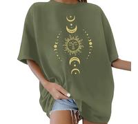 2026 Women's Oversized Crew Neck Short Sleeve 80s Letters Printed Bow Flowers Sun Moon Pattern Summer Blouse Tops Retro 80s Casual Loose Basic T-Shirt, Green, L