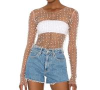 2026 Women's Pearl Rhinestone Sheer Mesh Crop Top Transparent Long Sleeve Slim Fit Cropped Blouse Shirt Clubwear Summer Clothes Girls Teenagers, beige, L