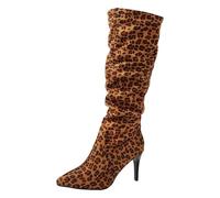 2026 Women's Plus Size Leopard Print Mid Calf High Heel Pleated Boots, coffee, 7 UK