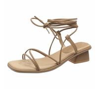 2026 Women's Sandals Slides Foreign Trade Large Size Sandals 2025 Summer Fairy Style Foot Ring Strappy Roman Shoes A Word Square Heel Middle (Khaki, 5.5)
