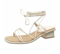 2026 Women's Sandals Slides Foreign Trade Large Size Sandals 2025 Summer Fairy Style Foot Ring Strappy Roman Shoes A Word Square Heel Middle (Beige, 5)