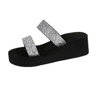 2026 Women's Sandals Slides Women's High Heeled Sequin Slippers Summer Wild Slope With Thick Bottom A Word Cool Drag Female (Silver, 5.5)
