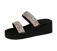 2026 Women's Sandals Slides Women's High Heeled Sequin Slippers Summer Wild Slope With Thick Bottom A Word Cool Drag Female (Gold, 4.5)