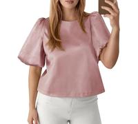 2026 Women's Satin Pullover Top with Crew Neck Puff Sleeves, pink, L